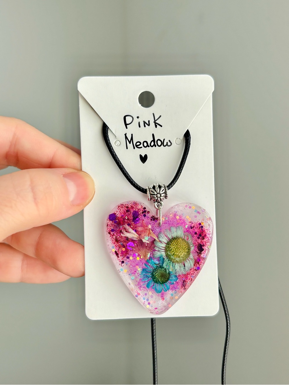Pink Meadow Resin Heart Necklace Handmade Dried Flower Pink Pendant